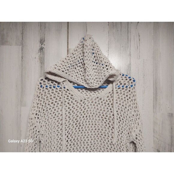 Artelier Nicole Miller Beige Open-Knit Hooded Sweater Boho Sz XS - Picture 3 of 8